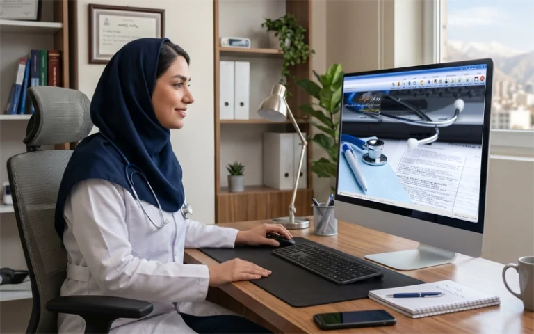 صفحه اصلی نرم‌افزار مطب آسان طب که منشی درحال کار با آن است